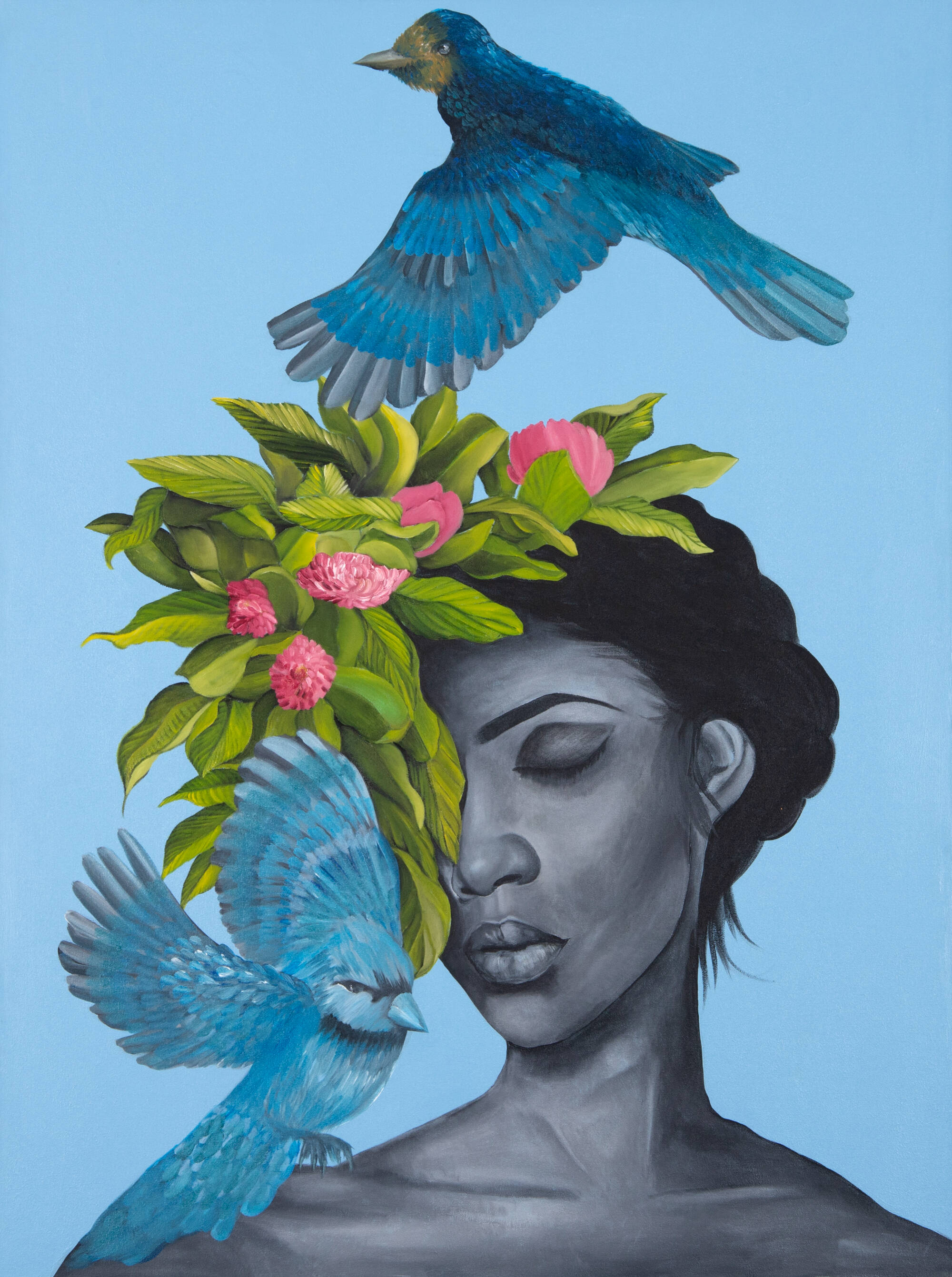 Painting of a woman in grey tones on a bright blue background. Portion of the woman's face is covered by two blue birds and a green plant with pink flowers.